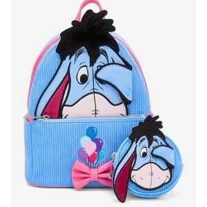 Loungefly Disney Winnie the Pooh Eeyore Peeking Corduroy Blue Backpack & Coin Ba